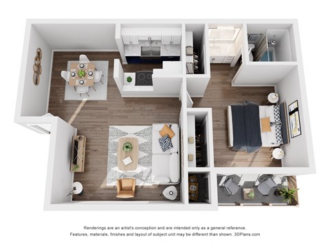 a 1 bedroom floorplan is shown in this rendering